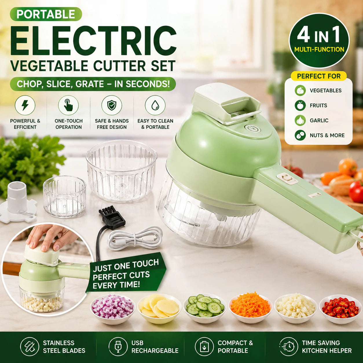 4-in-1 Electric Vegetable Cutter, Slicer, Grater, Chopper